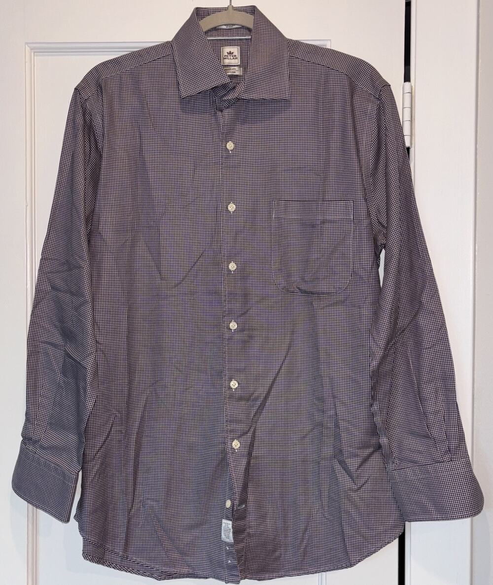 Peter Millar Dress Shirt Men 15.5 Medium Blue Brown White Mini Checked Pattern